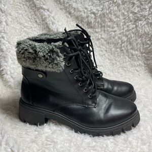 Wanted black synthetic leather combat boots with gray faux fur accents size 10